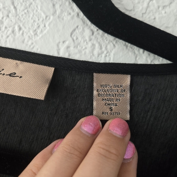 i.e. Small black silk Sheer tunic top with white embroidered V Neckline - Picture 8 of 8